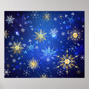クリスマスブルーバックグラウンドと黄金の雪片 ポスター