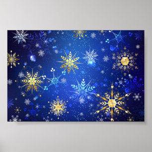 クリスマスブルーバックグラウンドと黄金の雪片 ポスター