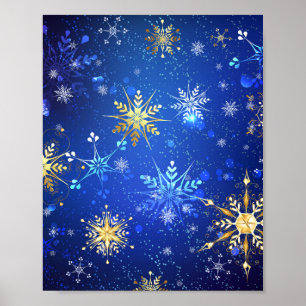 クリスマスブルーバックグラウンドと黄金の雪片 ポスター