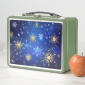 クリスマスブルーバックグラウンドと黄金の雪片 メタルランチボックス (インサイチュ)