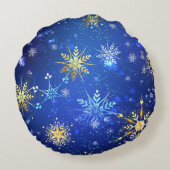 クリスマスブルーバックグラウンドと黄金の雪片 ラウンドクッション (裏面)
