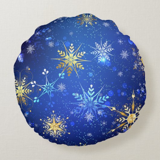 クリスマスブルーバックグラウンドと黄金の雪片 ラウンドクッション (裏面)