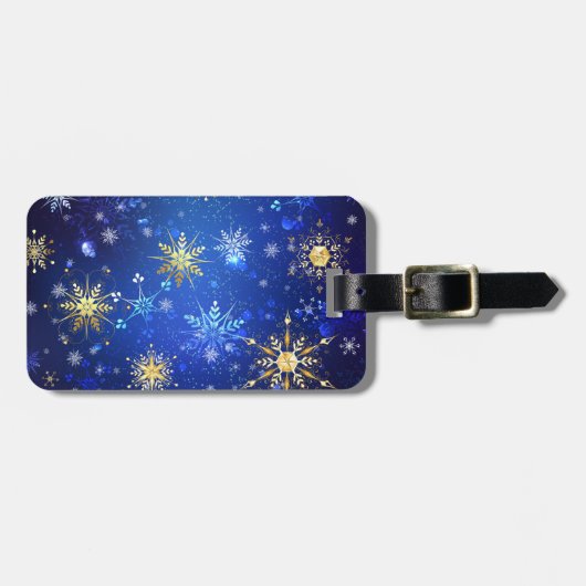 クリスマスブルーバックグラウンドと黄金の雪片 ラゲッジタグ (正面横)