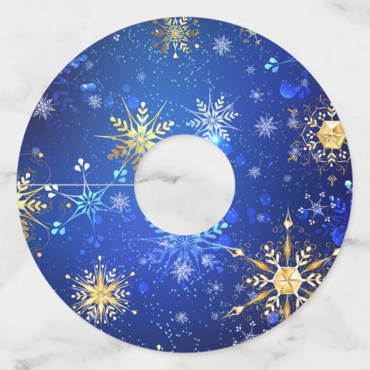 クリスマスブルーバックグラウンドと黄金の雪片 ワイングラスタグ (正面)