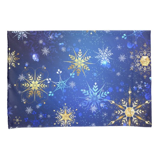 クリスマスブルーバックグラウンドと黄金の雪片 枕カバー (正面右)