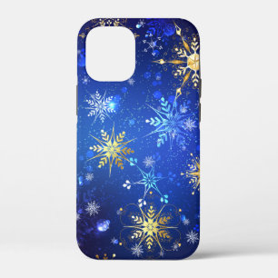 クリスマスブルーバックグラウンドと黄金の雪片 iPhone 12 MINI ケース