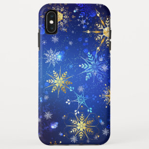 クリスマスブルーバックグラウンドと黄金の雪片 iPhone XS MAXケース