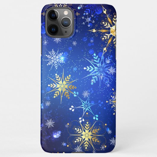 クリスマスブルーバックグラウンドと黄金の雪片 iPhoneケース (裏面)