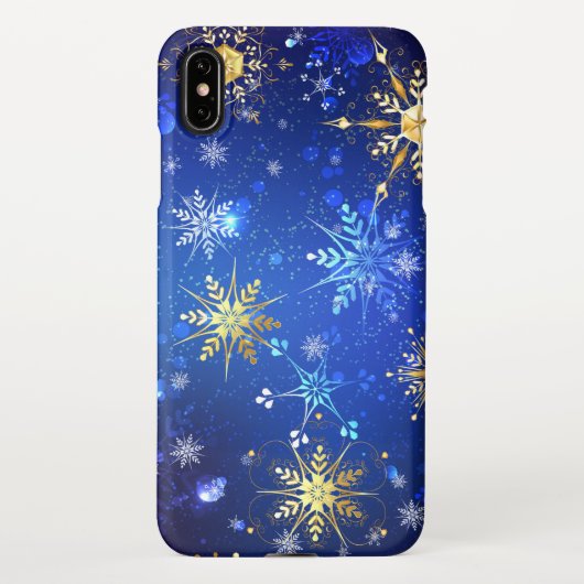 クリスマスブルーバックグラウンドと黄金の雪片 iPhoneケース (裏面)