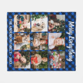 クリスマスブルーバッファロープレイド9フォトコラージュ フリースブランケット (正面(横))