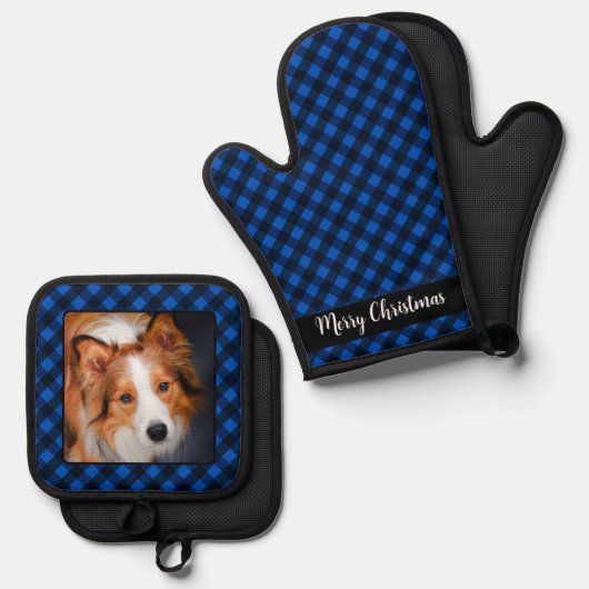 クリスマスブルーパーソナライズされたの格子模様のペット犬の写真 鍋つかみ&鍋敷きセット (正面/裏面)