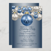 クリスマスブルーホワイトオーナメントホリデーズパーティー 招待状 (正面/裏面)