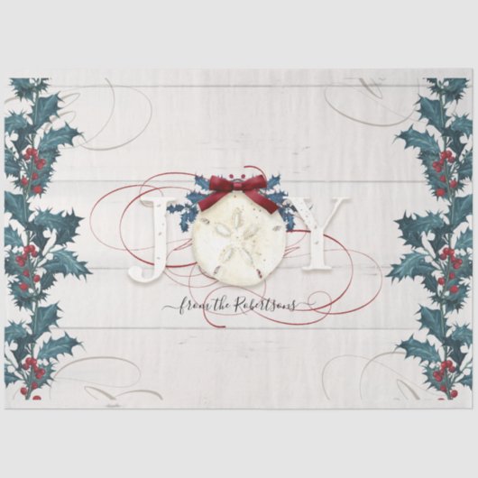 クリスマスブルーホワイトホリーパインビーチコテージウッド 薄葉紙 (正面)