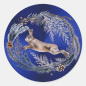 クリスマスブルーラビットフローラ水彩 ラウンドシール (正面)