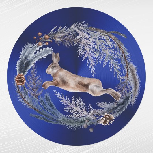 クリスマスブルーラビットフローラ水彩 ラウンドシール