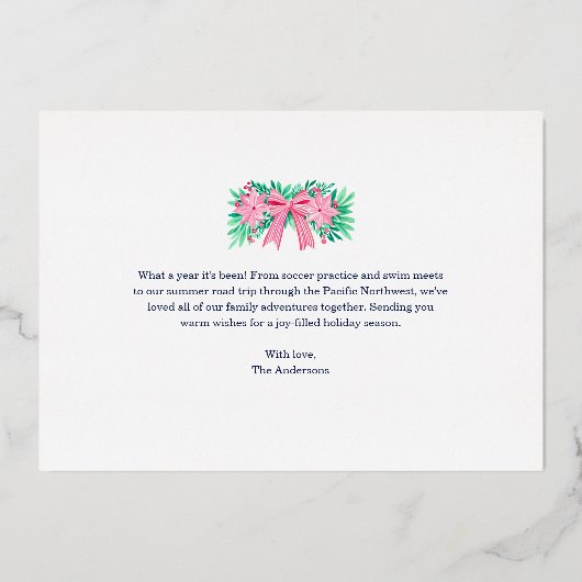 クリスマスブルーレッド植物学エレガント 箔シーズンカード (裏面)