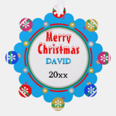 クリスマスブルーレッド金ゴールド雪片ボーイネーム オーナメントカード (正面)