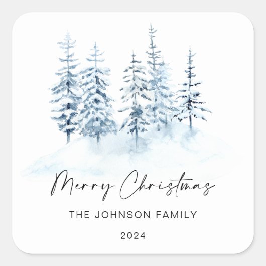 クリスマスブルー冬の森の素朴風景 スクエアシール (正面)