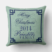 クリスマスブルー文字セージ – グリーンリネンのテクスチャ クッション (裏面)