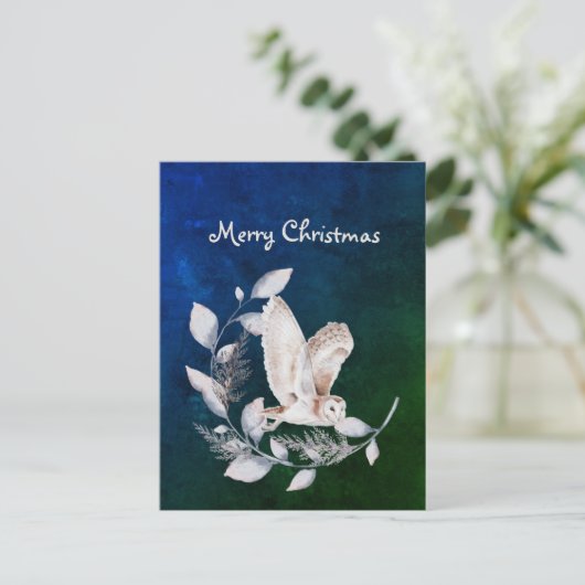 クリスマスブルー葉フクロウズ枝水色 シーズンポストカード (スタンド正面)