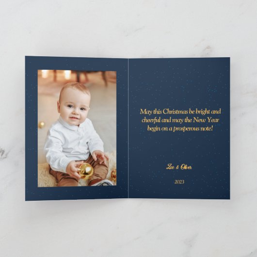 クリスマスブルー金ゴールドかわいいキッズエンジェルベルフォトカード シーズンカード (内部)