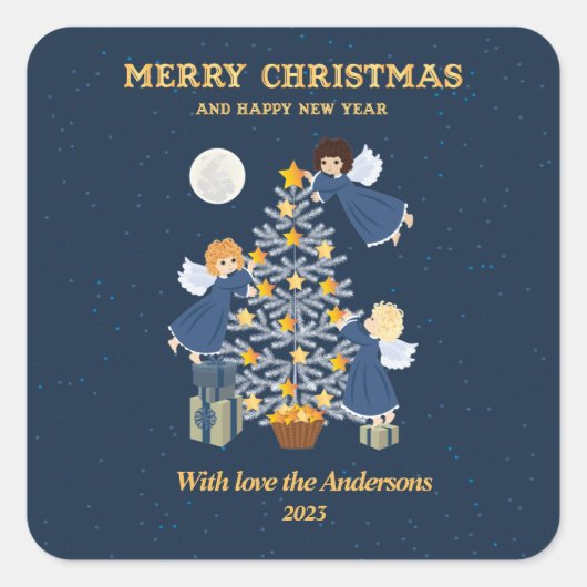 クリスマスブルー金ゴールドかわいいベビー天使の木 スクエアシール (正面)