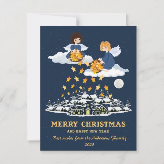 クリスマスブルー金ゴールドかわいい小さな天使 シーズンカード (正面)