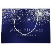クリスマスブルー銀白色グリッターの苗字 ラージペーパーバッグ (正面)