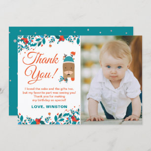 クリスマスブルー鹿誕生日サンキューフォトカード 招待状