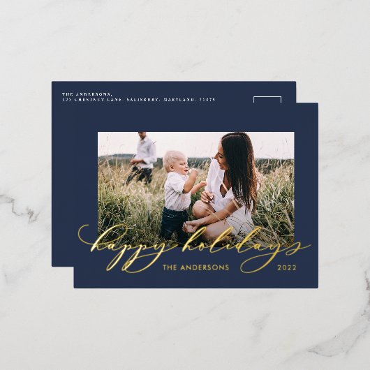 クリスマスブルー1フォトボタニカルスクリプト 箔シーズンポストカード (正面/裏面)