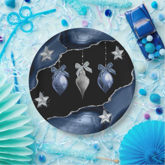 クリスマスブルー/シルバーオーナメントオンアガテアート ペーパープレート (パーティー)