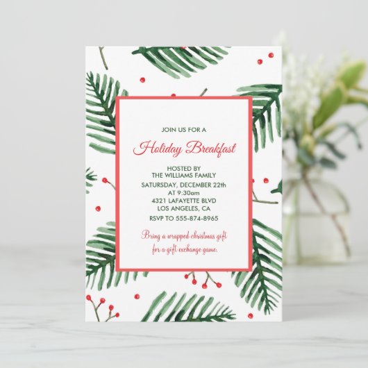 クリスマスブレックファースト招待状エレガントエバーグリーン 招待状 (スタンド正面)