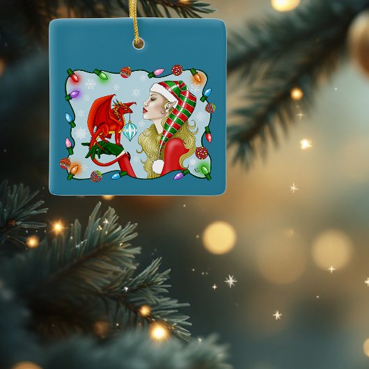 クリスマスブロンド小妖精や小人レッドドラゴンファンタジー セラミックオーナメント