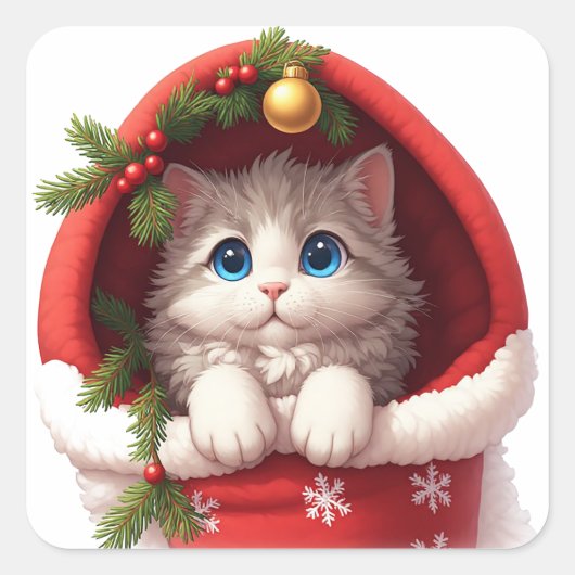 🎅 クリスマスブーツから顔を出すかわいいネコ 🐾 スクエアシール (正面)