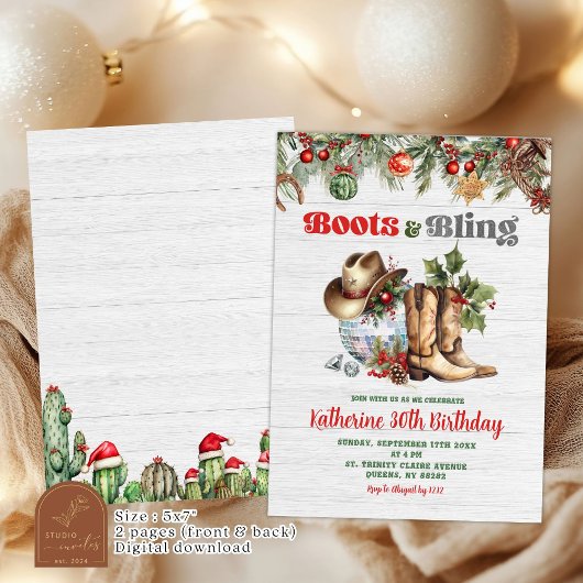 クリスマスブーツとディスコきらきら光るアダルト誕生日 招待状