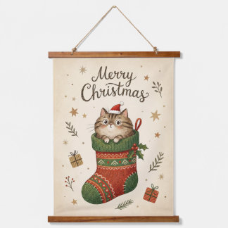 クリスマスブーツの中のネコ 吊り下げ型タペストリー
