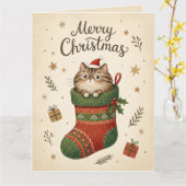 クリスマスブーツの中の猫 カード (黄色い花)