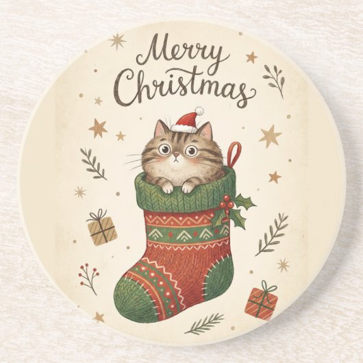 クリスマスブーツの中の猫 コースター (正面)