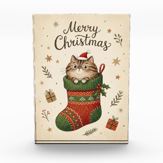 クリスマスブーツの中の猫 フォトブロック (正面)