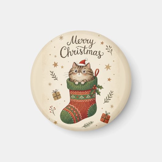 クリスマスブーツの中の猫 マグネット (正面)