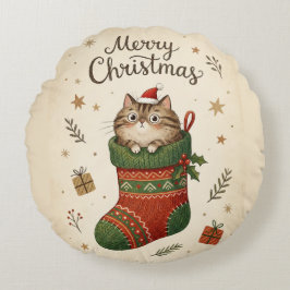 クリスマスブーツの中の猫 ラウンドクッション