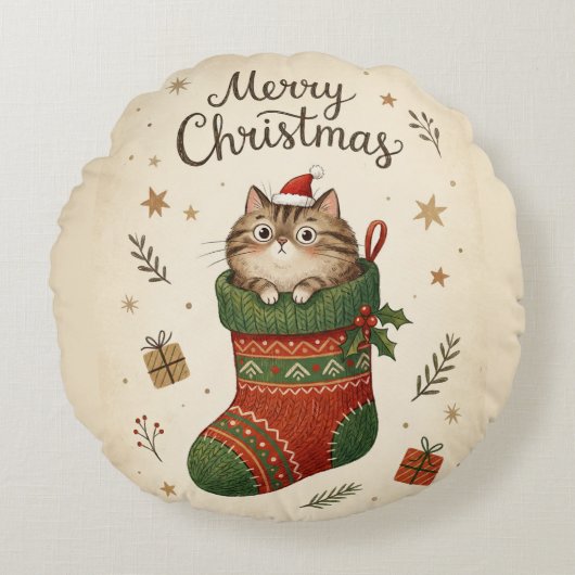 クリスマスブーツの中の猫 ラウンドクッション (正面)