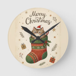 クリスマスブーツの中の猫 ラウンド壁時計