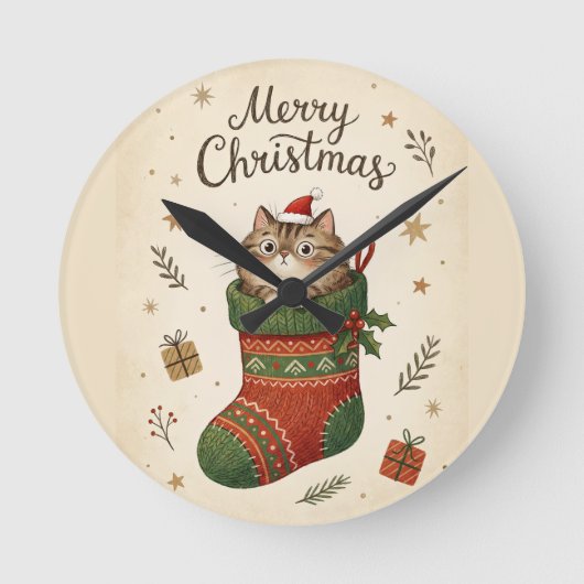 クリスマスブーツの中の猫 ラウンド壁時計 (正面)