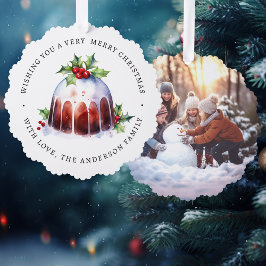 クリスマスプディングのホリーベリーの水彩写真 オーナメントカード