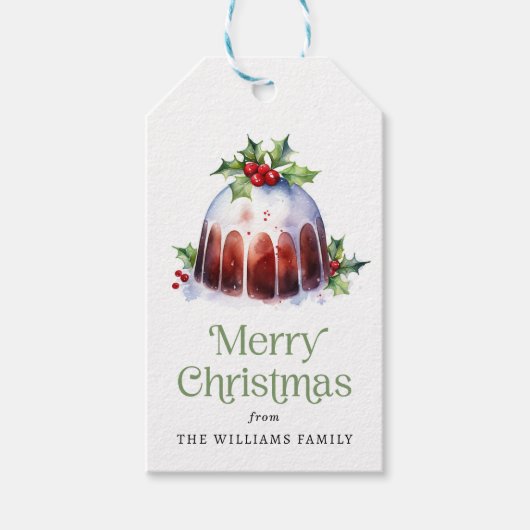 クリスマスプディングのホリーベリーの水色 ギフトタグ (正面)