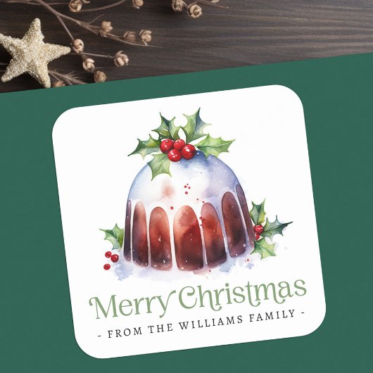 クリスマスプディングのホリーベリーの水色 スクエアシール