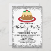 クリスマスプディングホリデーパーティレッドシルバーグリッター 招待状 (正面)