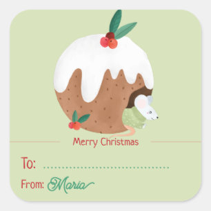 クリスマスプリンを楽しむマウス – Square Sticker スクエアシール