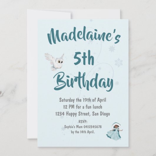 クリスマスプリンセス誕生日ダークヘアスノーフレーク 招待状 (裏面)